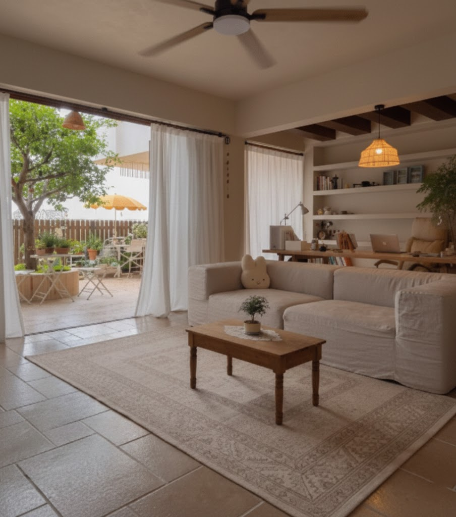 Indoor-outdoor living space with travertine tile flooring, light-colored sofa, and access to outdoor patio area.png