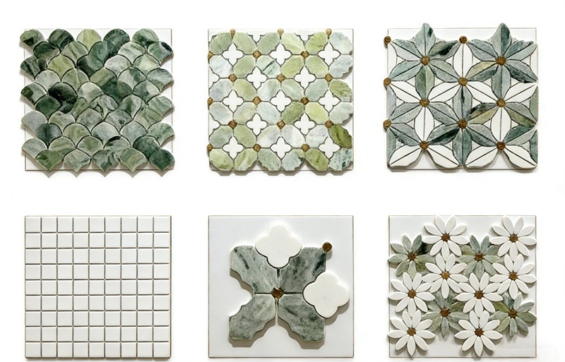 Set of six decorative green stone mosaic tiles, featuring floral and geometric designs for wall art and interior accents.jpeg Set of six decorative green stone mosaic tiles, featuring floral and geometric designs for wall art and interior accents.jpeg