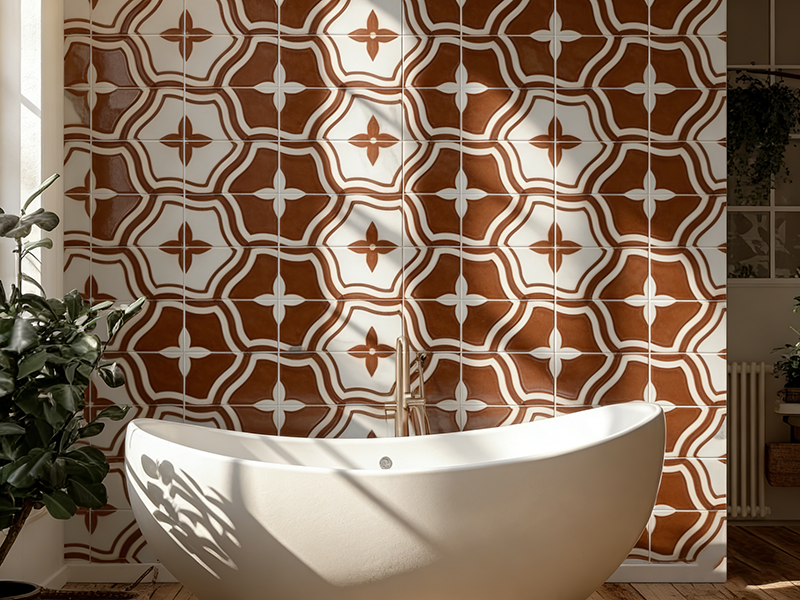 Terracotta and white geometric stone mosaic tile wall in luxury bathroom, paired with freestanding bathtub and natural sunlight.png Terracotta and white geometric stone mosaic tile wall in luxury bathroom, paired with freestanding bathtub and natural sunlight.png
