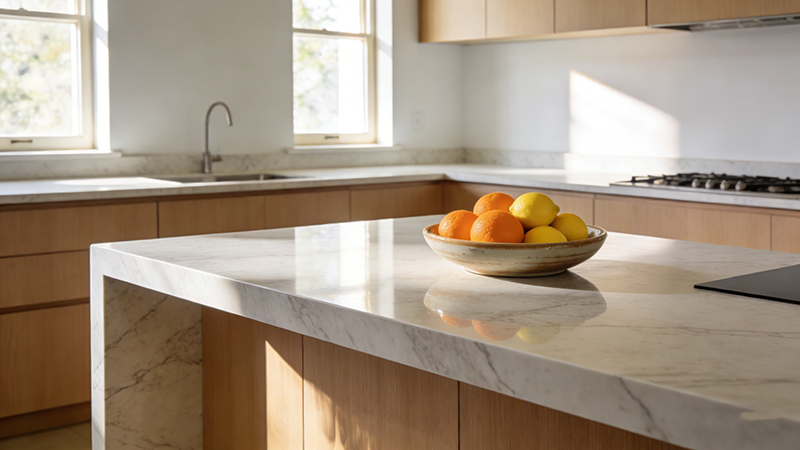 Modern White Marble Kitchen Island, Light Wood Cabinetry, Sunlit Kitchen Interior with Fresh Fruit Bowl.png