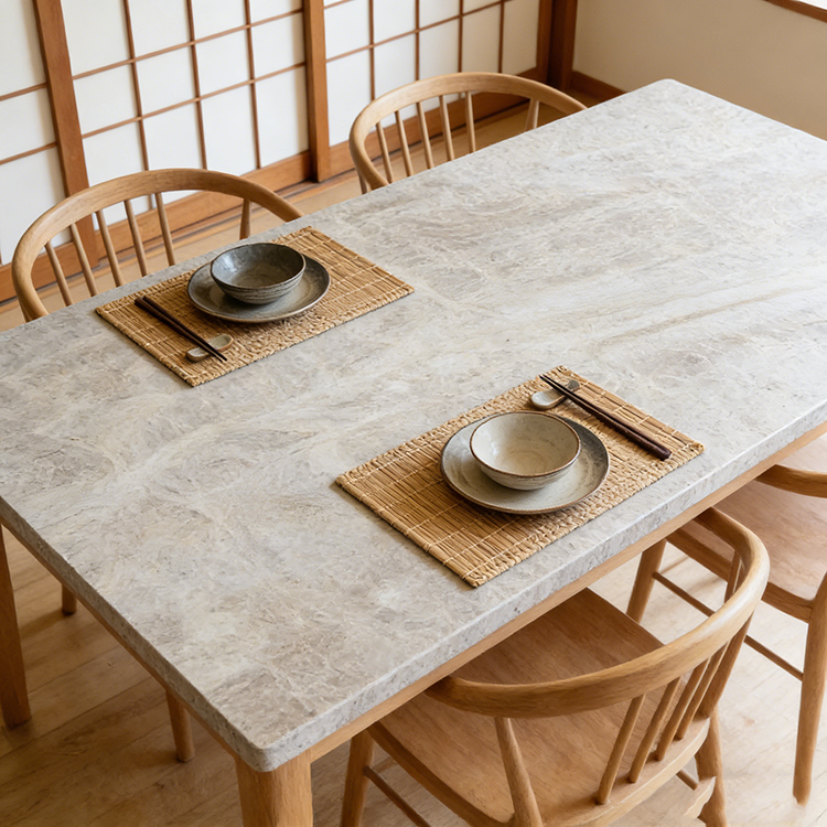 Japanese-style dining room Taj Mahal White quartzite rectangular dining table, wooden Windsor chairs, traditional tableware & shoji screen.png